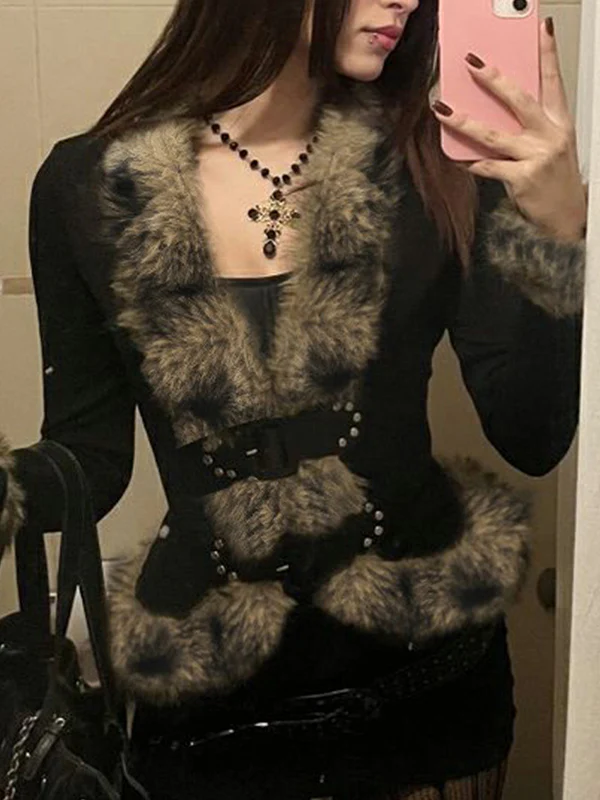 Faux Fur Patchwork Buckle Jacket - Image 4