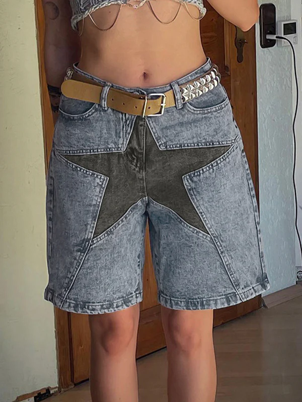 Five-Pointed Star Splicing Slim Ddenim Shorts - Image 3
