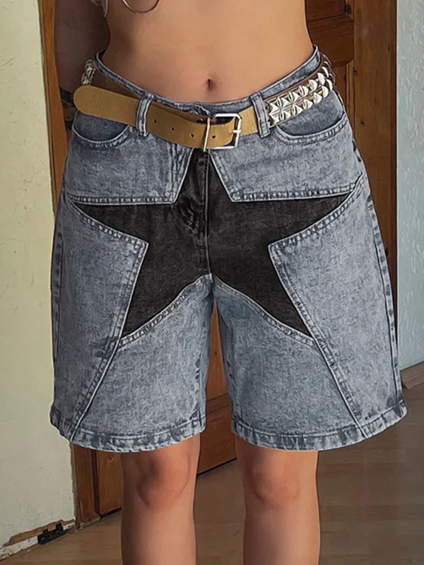 Five-Pointed Star Splicing Slim Ddenim Shorts - Image 5