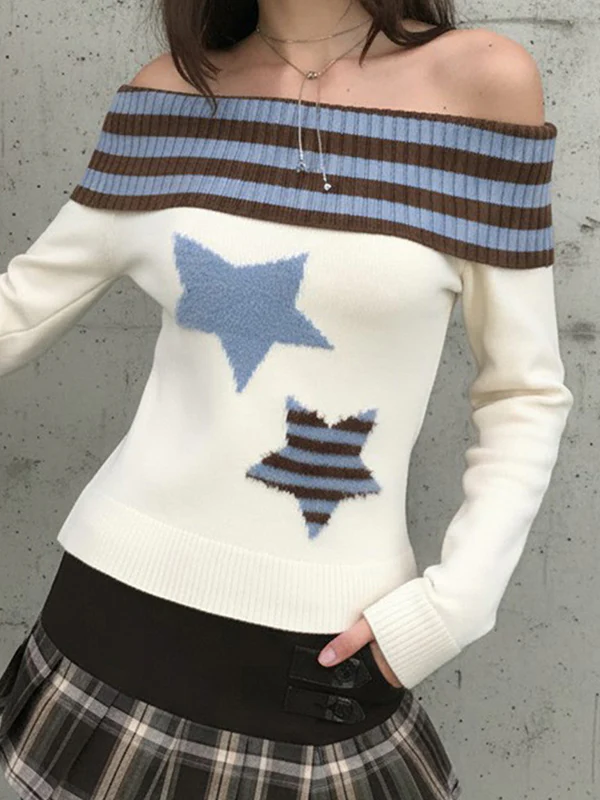 Off Shoulder Color-Block Stripe  Sweaters - Image 3