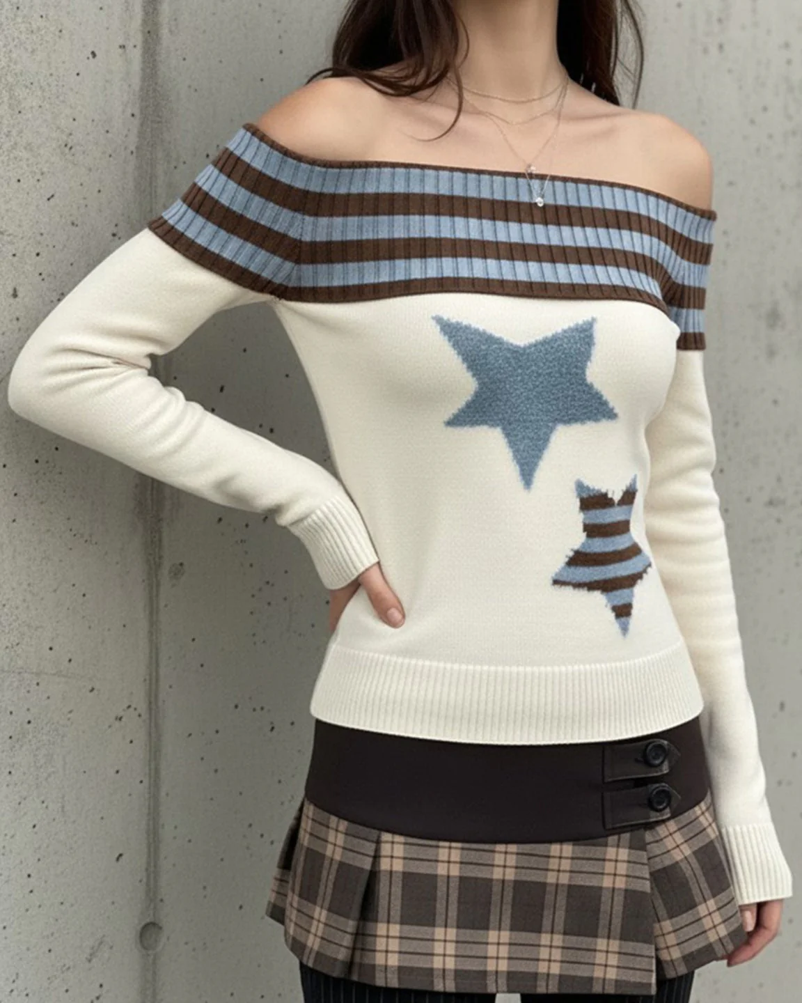 Off Shoulder Color-Block Stripe  Sweaters - Image 6