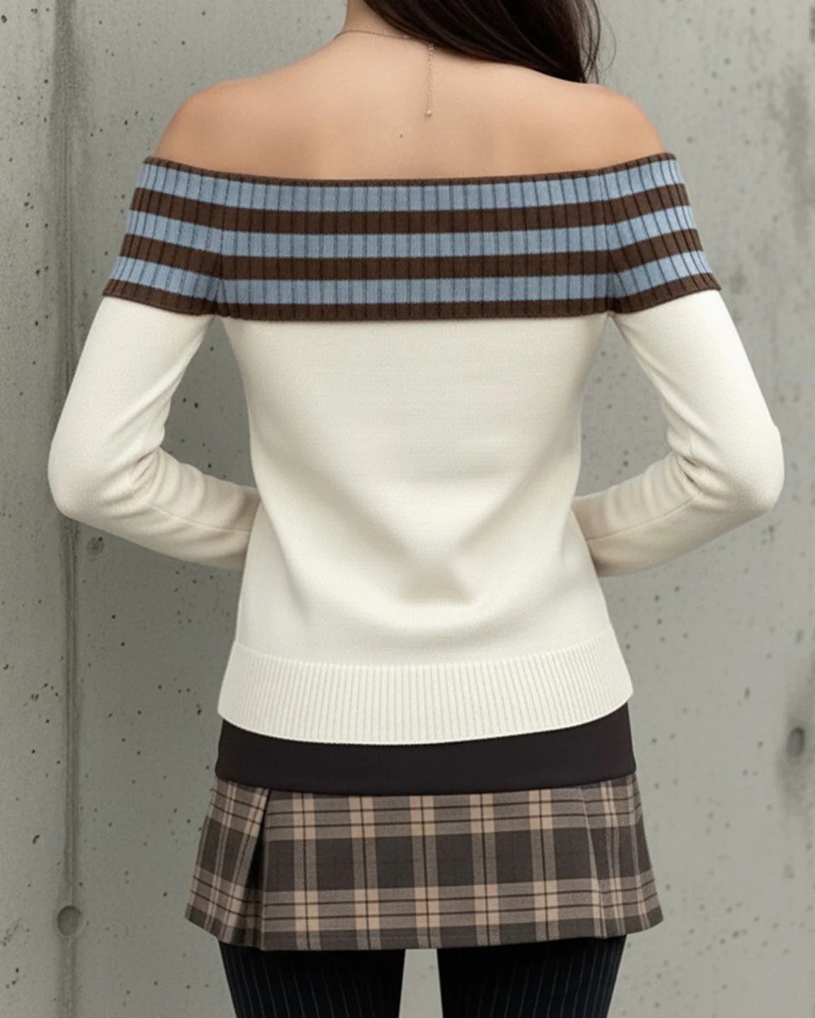 Off Shoulder Color-Block Stripe  Sweaters - Image 7