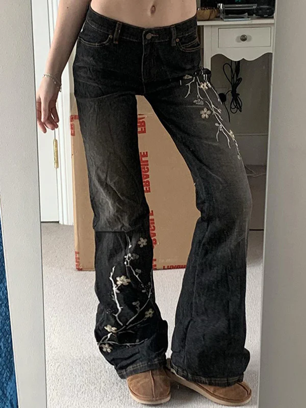 Floral Embroidery Flare Jeans - Image 3