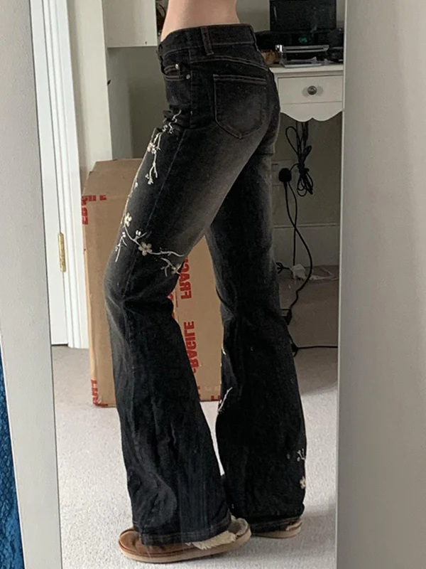 Floral Embroidery Flare Jeans - Image 4