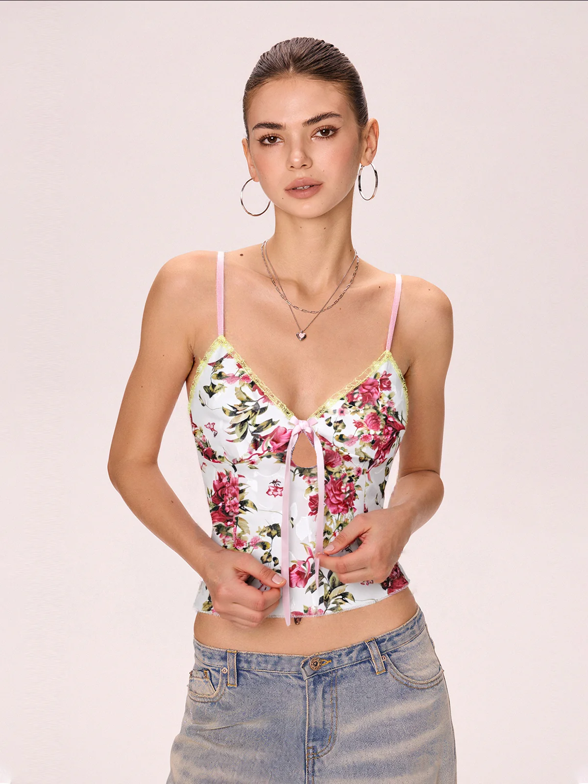 Flower Print Lace Stitching Cami Top - Image 2