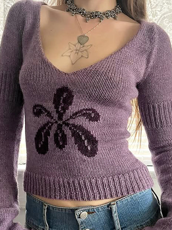 Flower Vintage Round Neck Knitted Sweater - Image 2