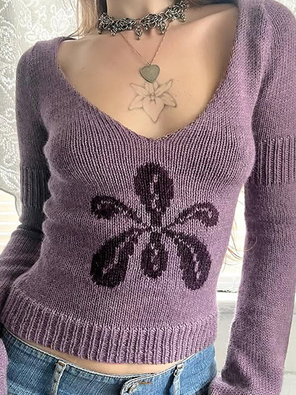 Flower Vintage Round Neck Knitted Sweater - Image 3