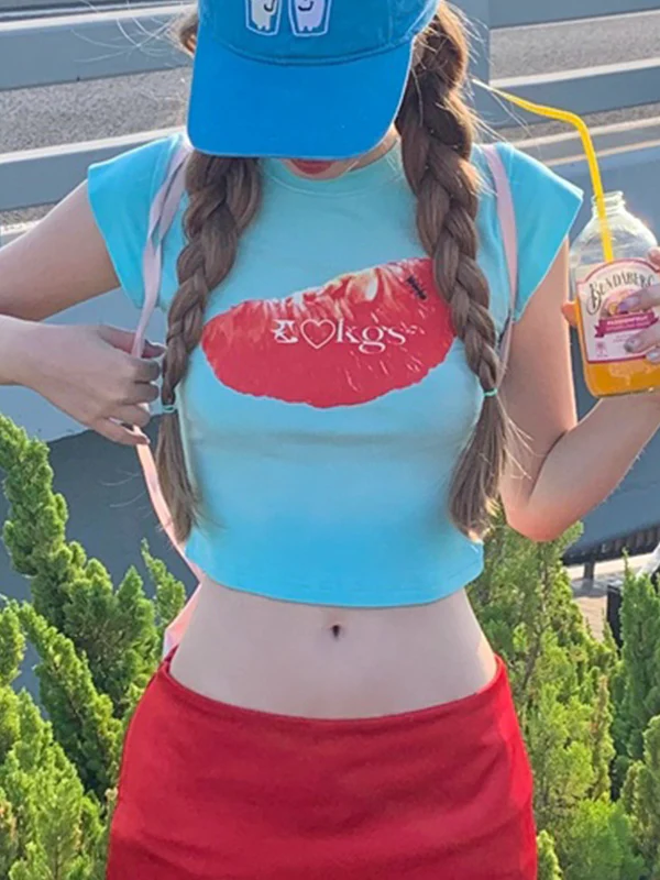 Fruit Print Straight Shoulder Slim Short Sleeves Tee - Image 4
