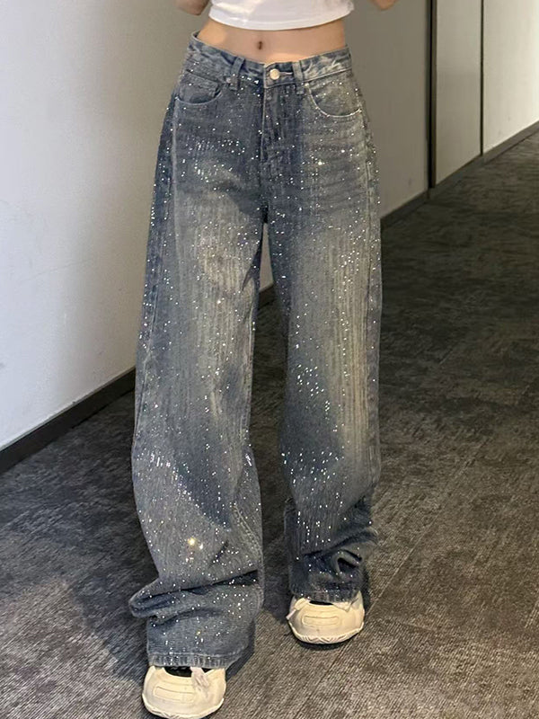 Women's Rhinestone Washed Wide-Leg Jeans - Image 2
