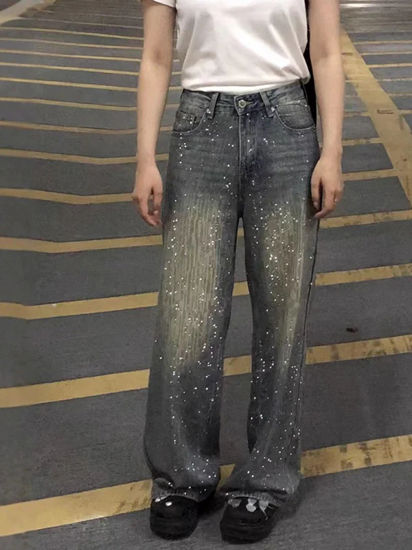Women's Rhinestone Washed Wide-Leg Jeans - Image 3