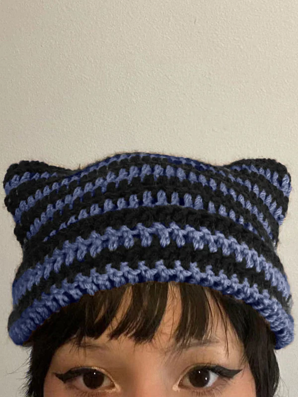 Hand Made Horn Detail Striped Knitted Beanie Hat - Image 13