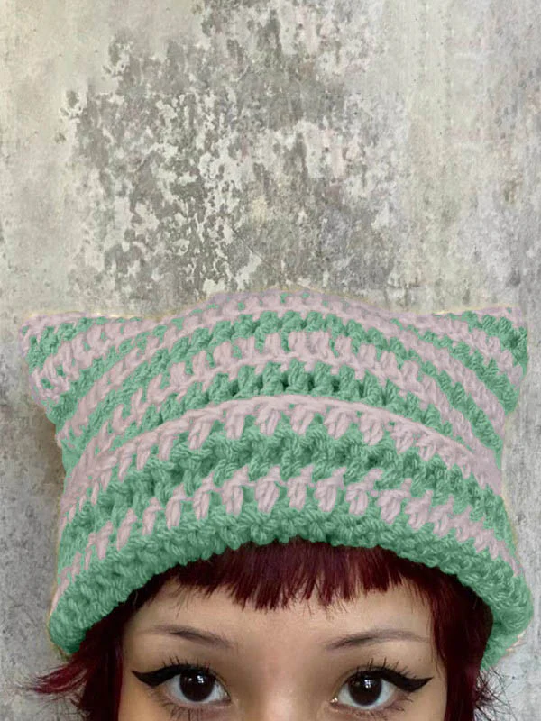 Hand Made Horn Detail Striped Knitted Beanie Hat - Image 15