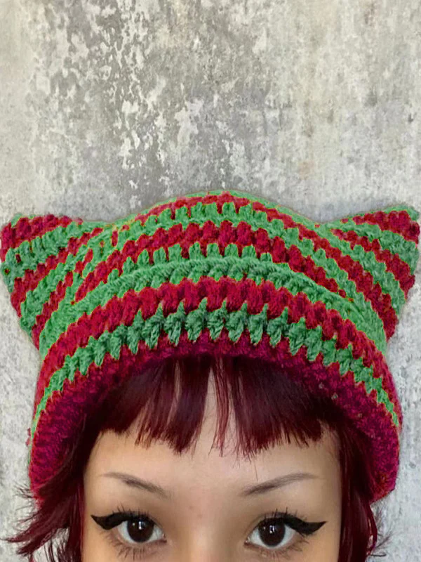 Hand Made Horn Detail Striped Knitted Beanie Hat - Image 16