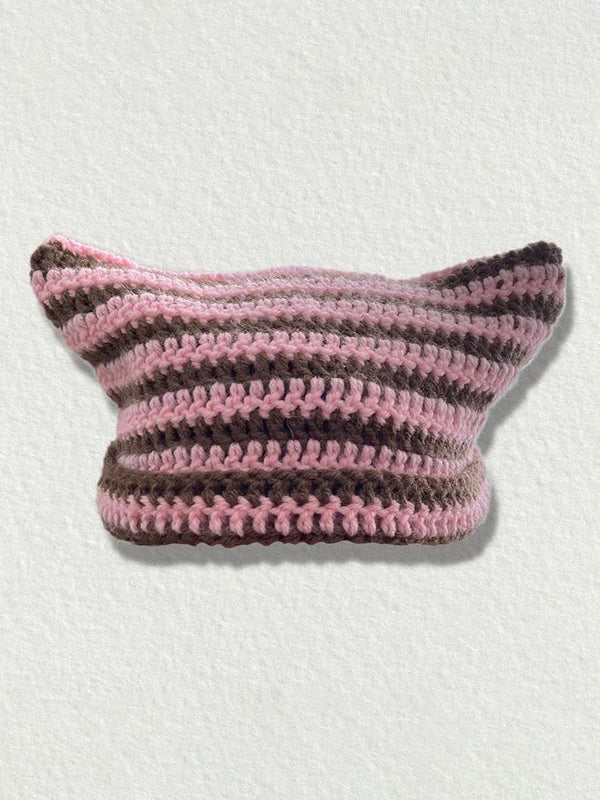 Hand Made Horn Detail Striped Knitted Beanie Hat - Image 17