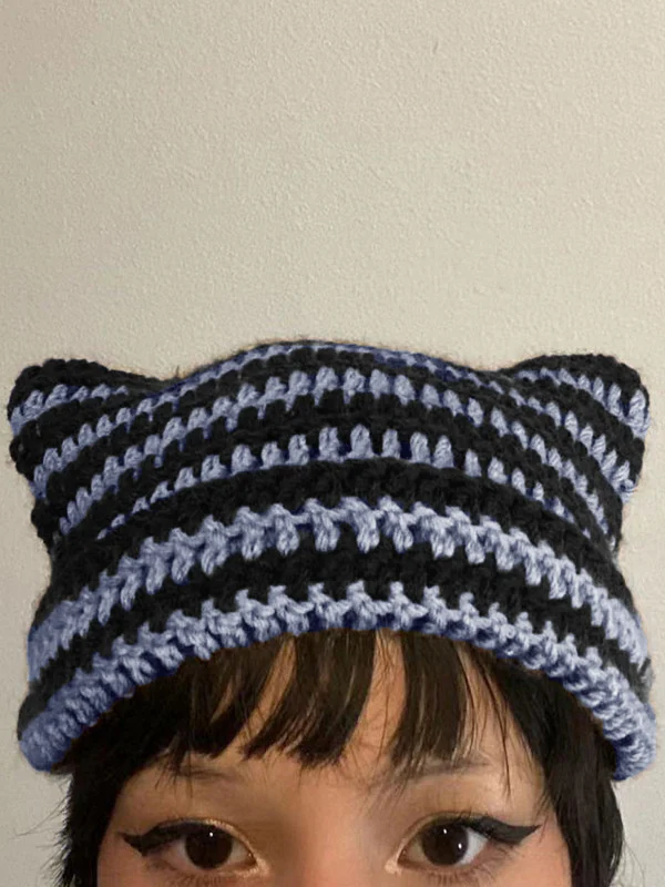 Hand Made Horn Detail Striped Knitted Beanie Hat - Image 19