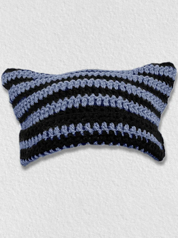 Hand Made Horn Detail Striped Knitted Beanie Hat - Image 21