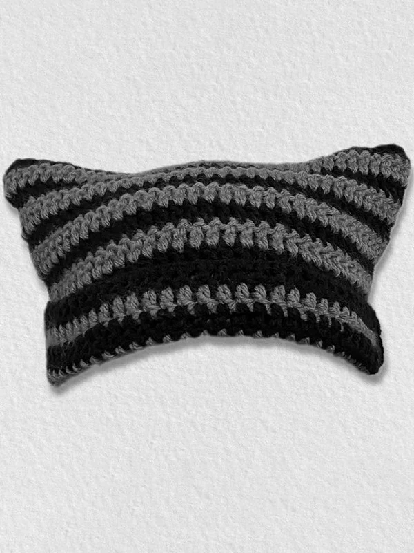 Hand Made Horn Detail Striped Knitted Beanie Hat - Image 3