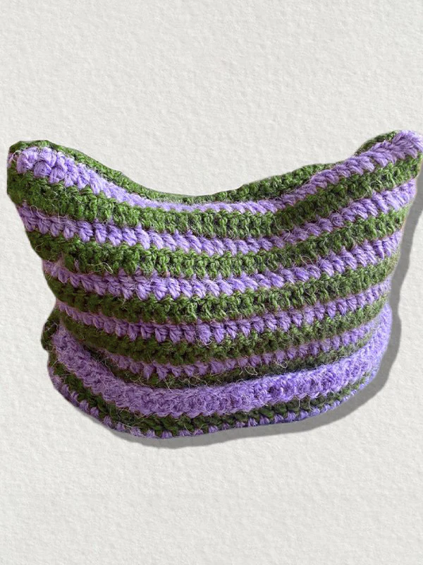 Hand Made Horn Detail Striped Knitted Beanie Hat - Image 5