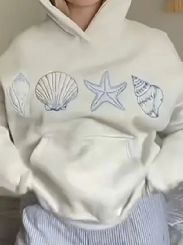 Hand-Painted Shell Embroidered Hooded Sweatshirt - Image 2