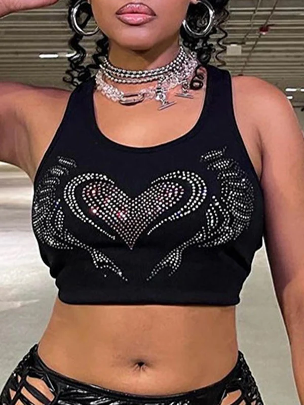Heart Rhinestone U Neck Crop Tank Top - Image 14