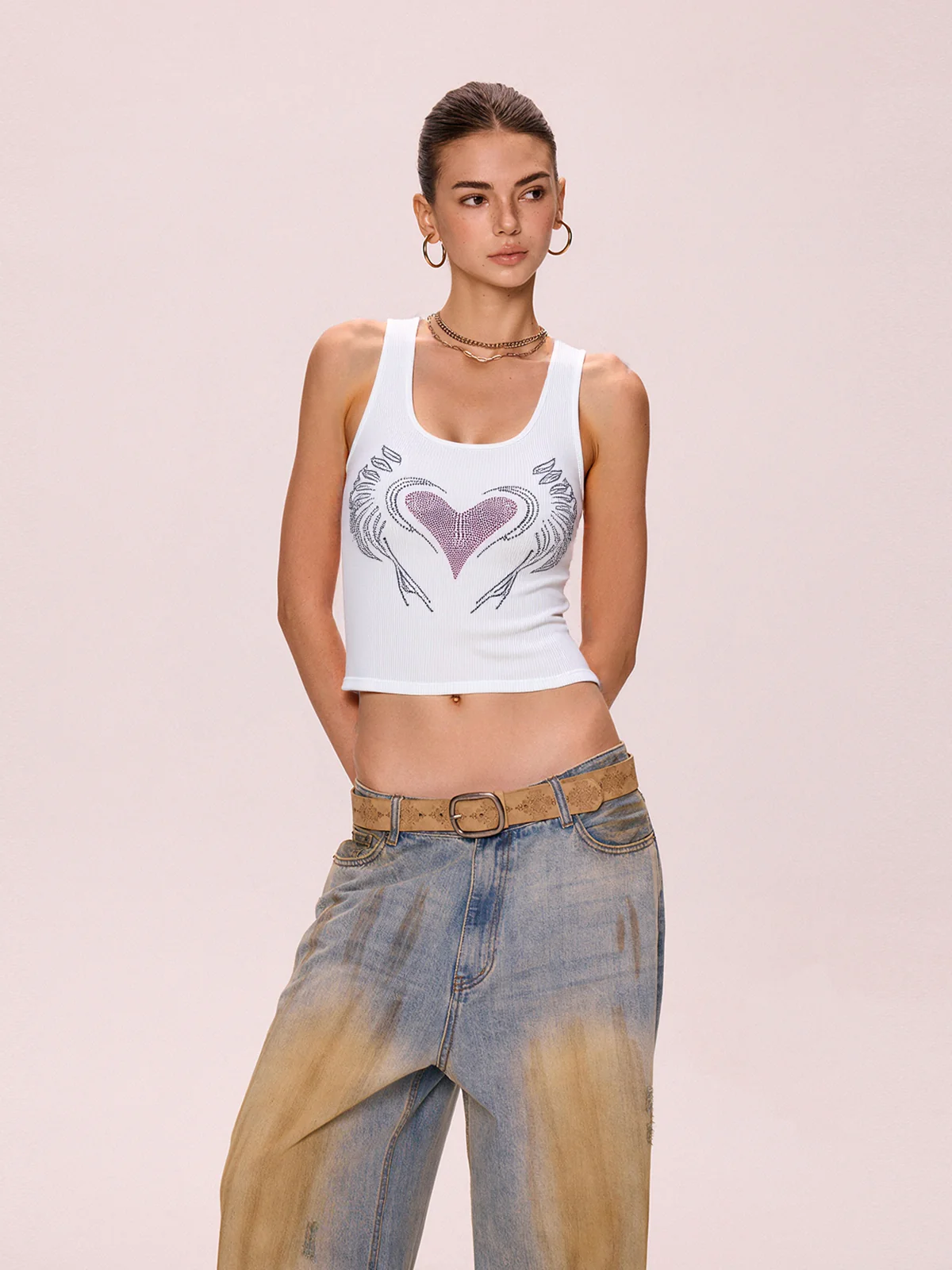 Heart Rhinestone U Neck Crop Tank Top - Image 2