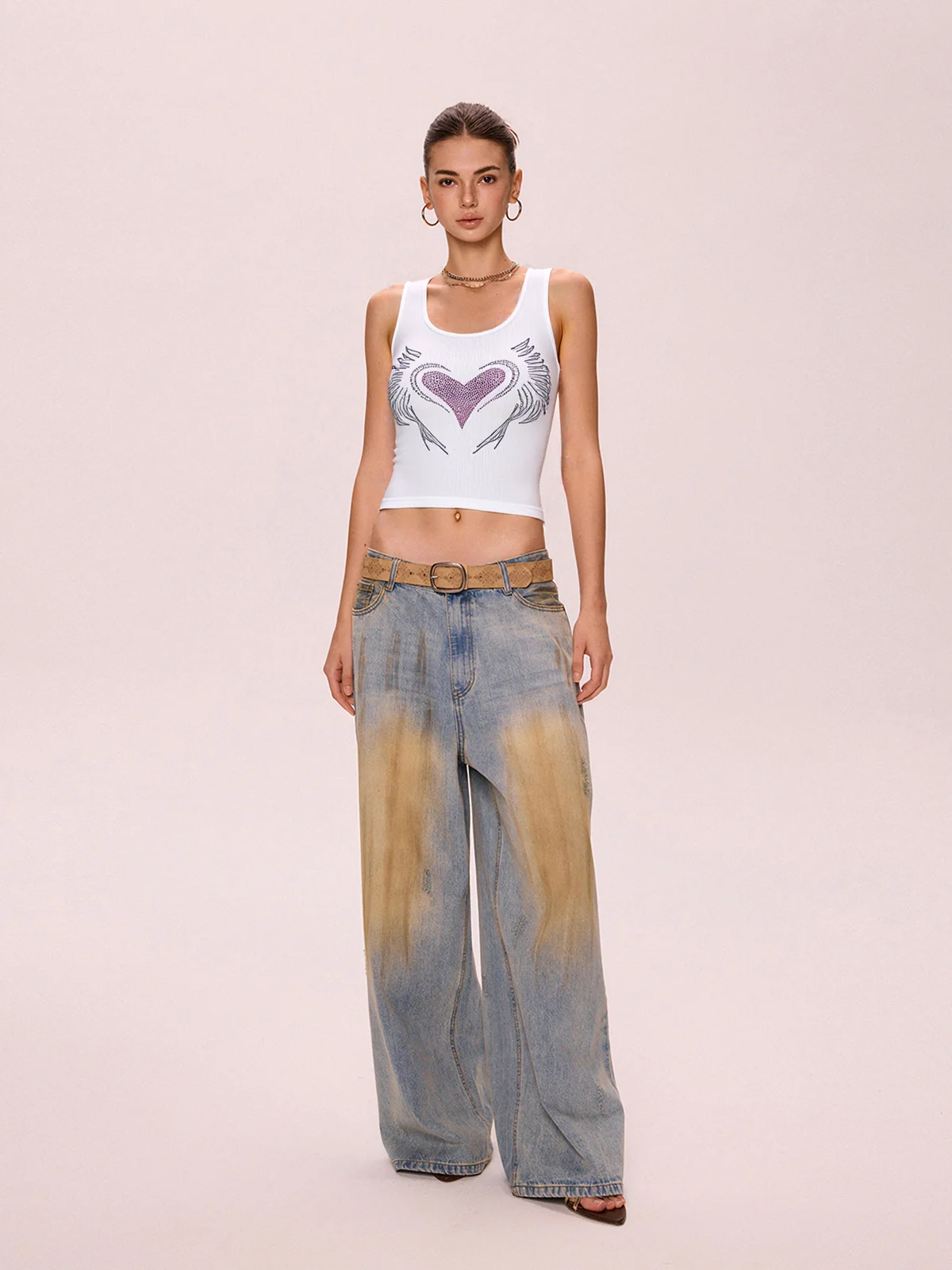 Heart Rhinestone U Neck Crop Tank Top - Image 4
