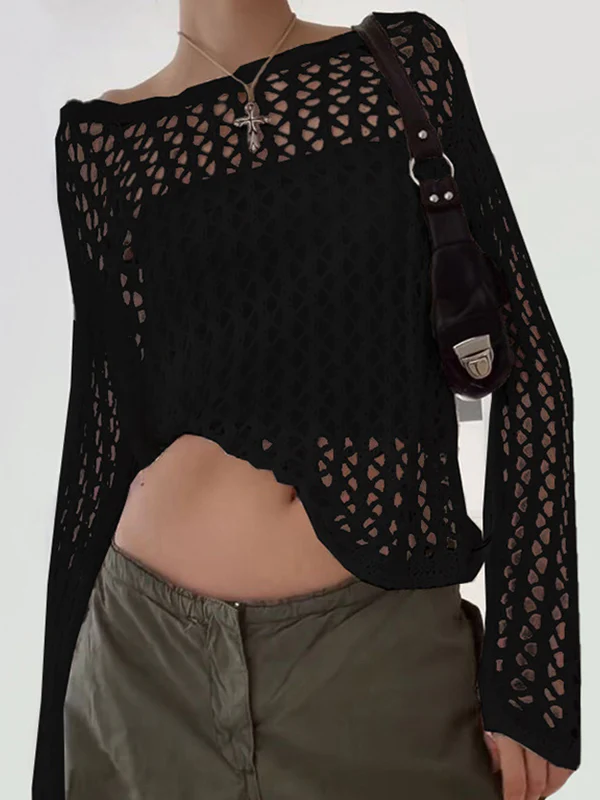 Hollow Out Crochet Long Sleeve Knit Top - Image 2