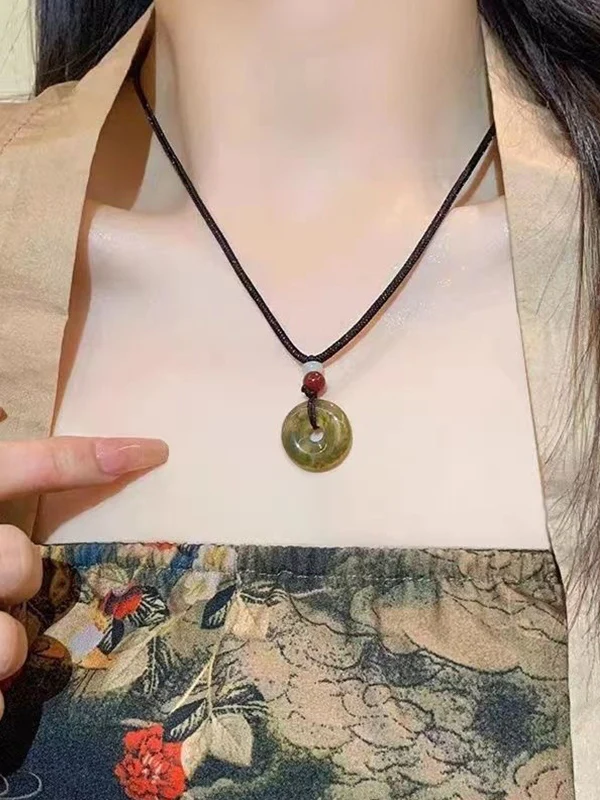Hollow Out Jade Pendant Braided Rope Necklace - Image 4