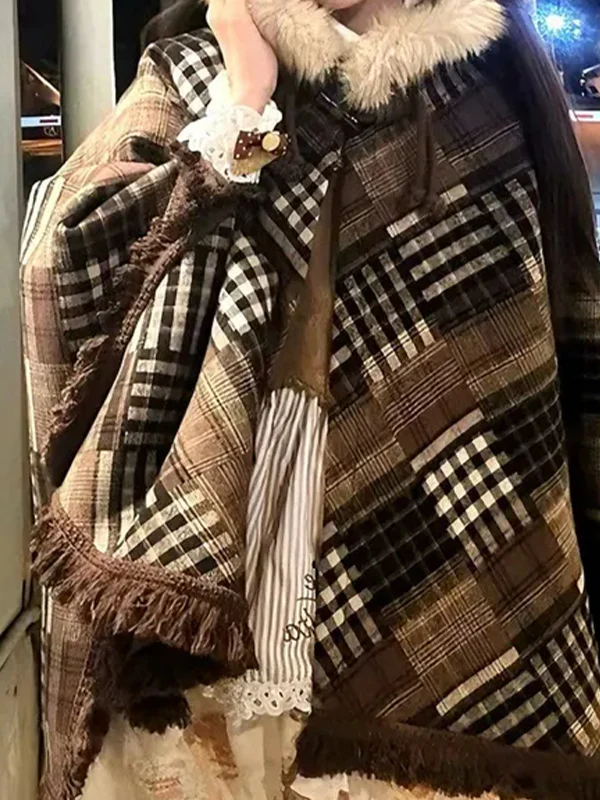 Hooded Fluffy Trim Plaid Cape