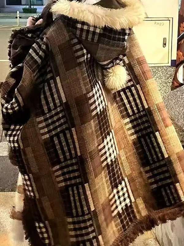 Hooded Fluffy Trim Plaid Cape - Image 2