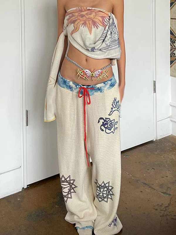 Hot Girl Street Fashion Color-Blocked Graffiti Print Loose Straight Wide Leg Pants - Image 2