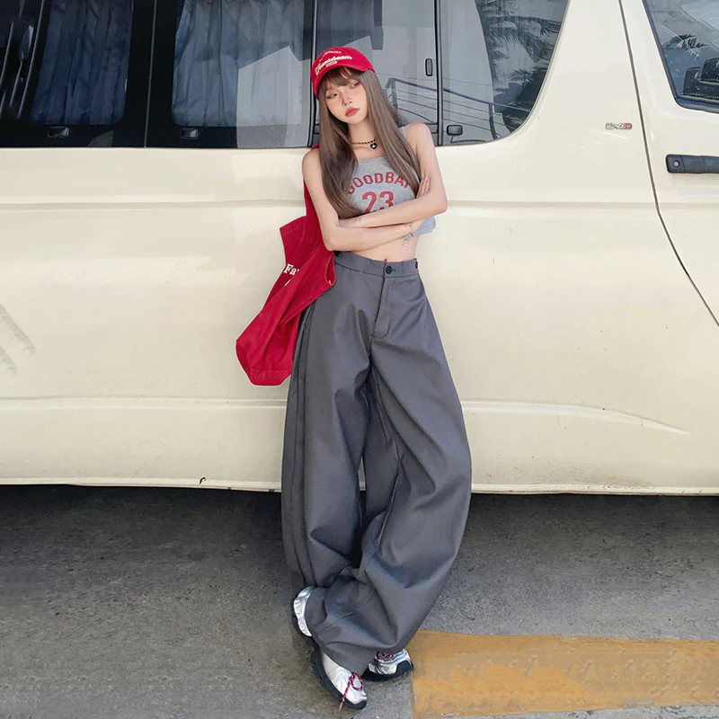 American Retro High Waist Loose Wide Leg Pants Pleated Pants - Image 2