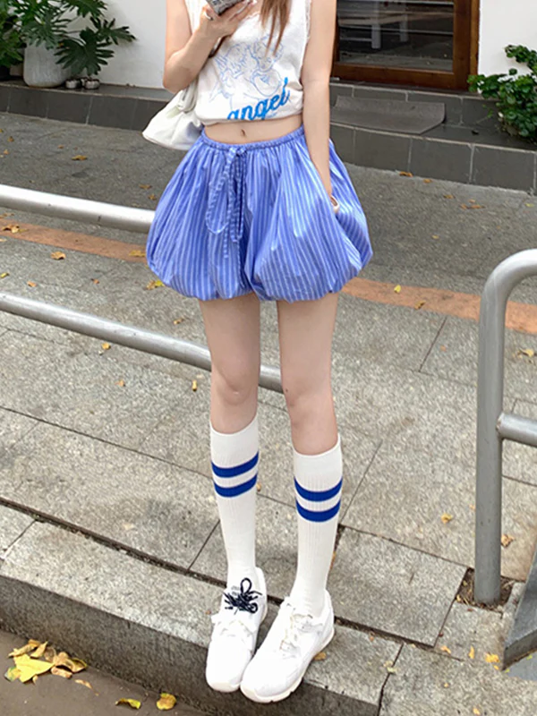 Retro Loose Vertical Stripes Elastic Waist Drawstring Shorts - Image 2