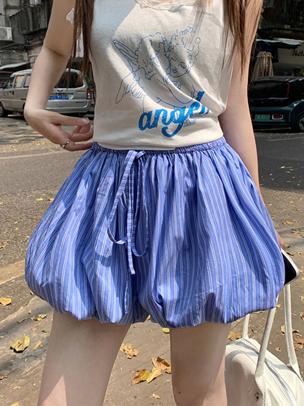 Retro Loose Vertical Stripes Elastic Waist Drawstring Shorts - Image 3