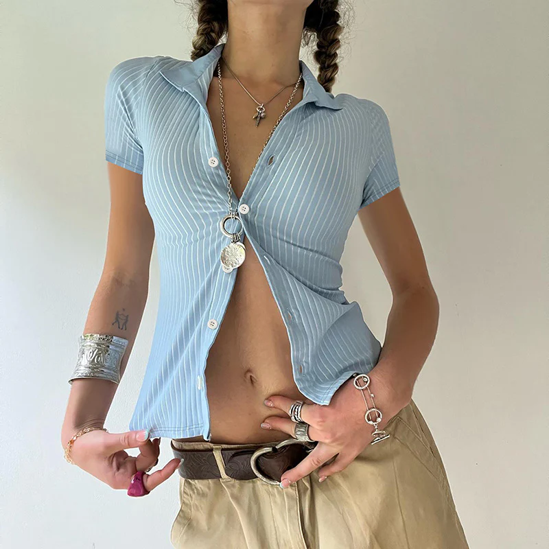 Lapel Striped Button-Down Short Sleeve Shirt - Image 5