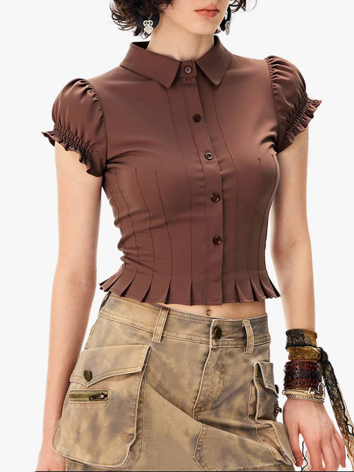 Lapel Puff Sleeve Short Sleeve Shirt