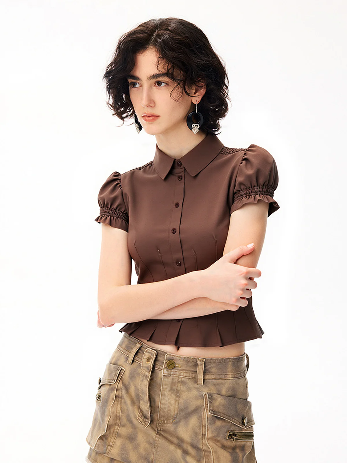 Lapel Puff Sleeve Short Sleeve Shirt - Image 3