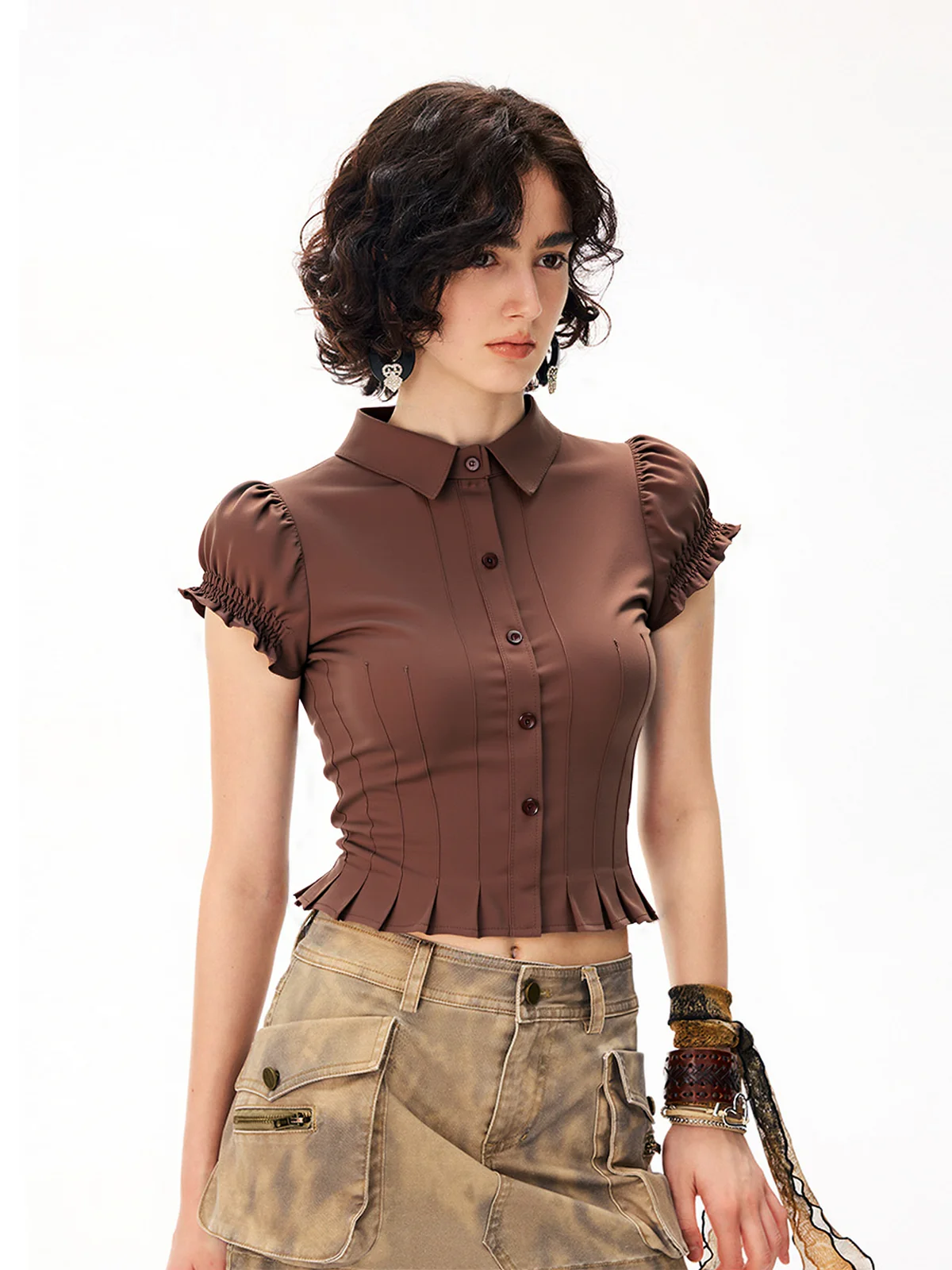 Lapel Puff Sleeve Short Sleeve Shirt - Image 4