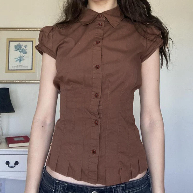 Lapel Puff Sleeve Short Sleeve Shirt - Image 7