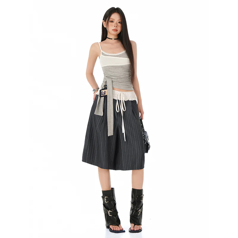 Striped Ruffled Hem Drawstring Straight Wide Leg Shorts - Image 2
