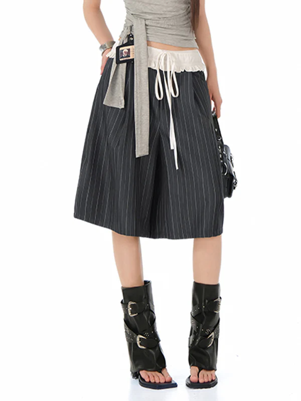 Striped Ruffled Hem Drawstring Straight Wide Leg Shorts - Image 3