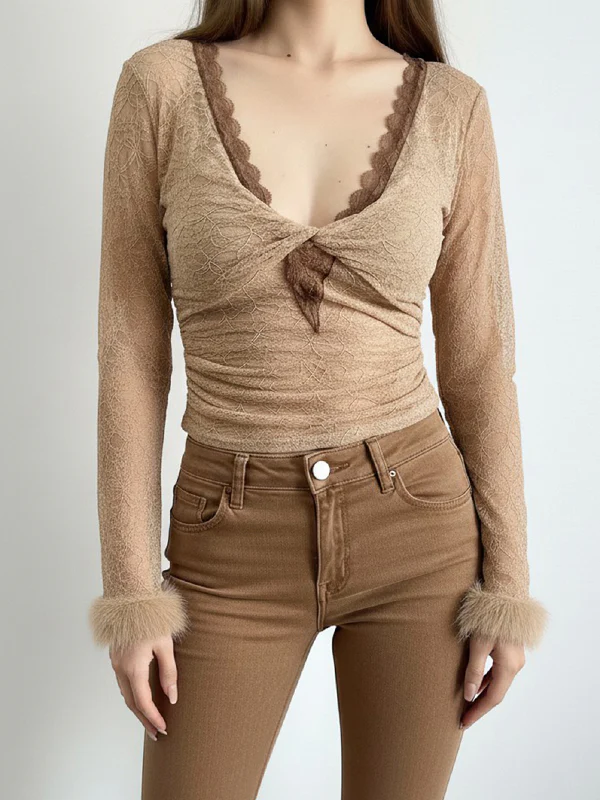 Lace Contrast Color Fuzzy Long Sleeve - Image 3