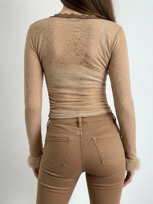 Lace Contrast Color Fuzzy Long Sleeve - Image 4