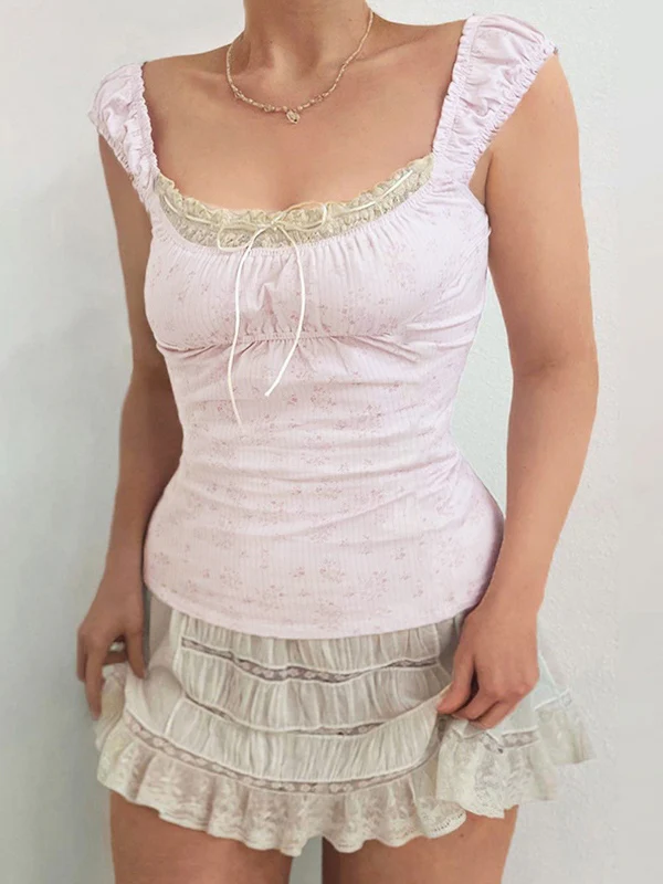 Lace Paneled Floral Cropped Tank Top - Image 7