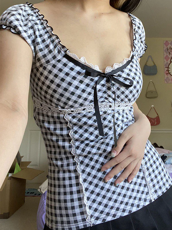 Lace Trim Checkered Blouse - Image 2