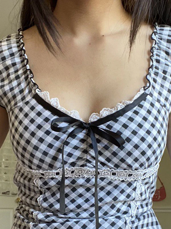 Lace Trim Checkered Blouse - Image 3