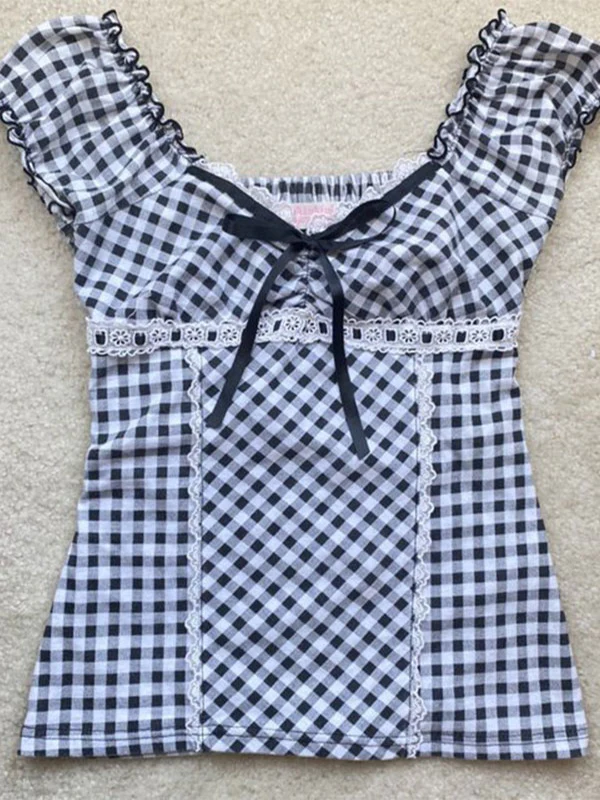 Lace Trim Checkered Blouse - Image 4