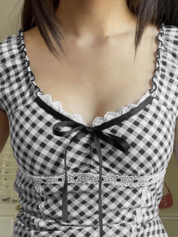 Lace Trim Checkered Blouse - Image 5