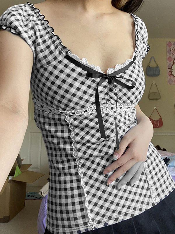 Lace Trim Checkered Blouse - Image 6