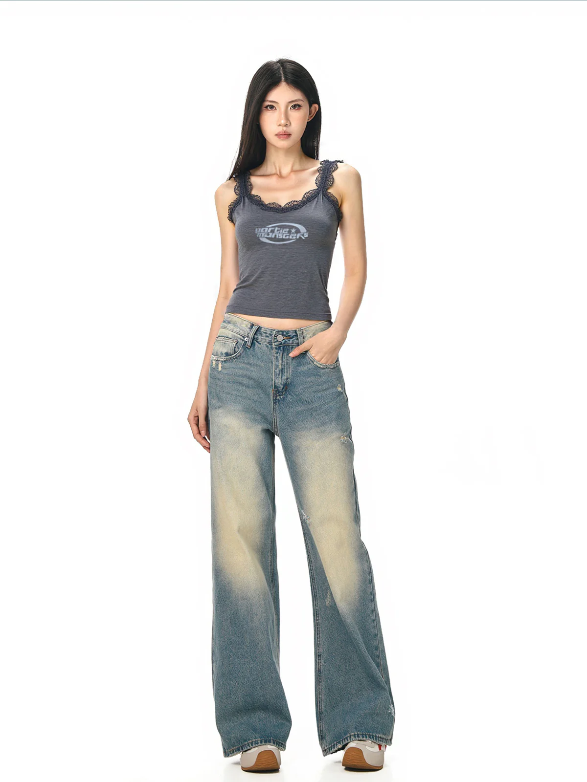 Lace Trim Gray Ietter Tank Top - Image 5